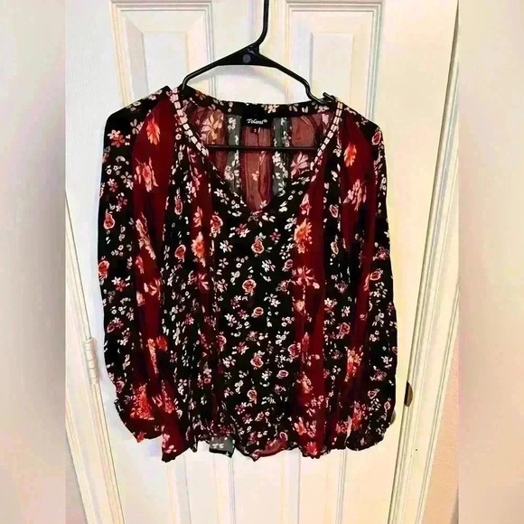 Tolani Tops - Tolani Long Sleeve Floral Print Tie Front Burgundy Blouse Size S